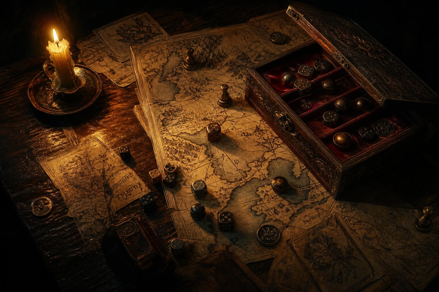 A candlelit antique table covered in hand-drawn maps, scattered dice, brass game pieces, and an ornate wooden game box ajar