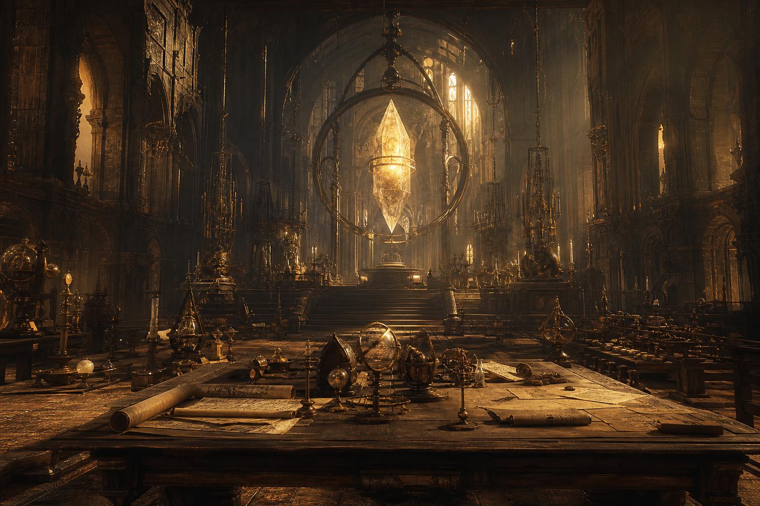 A cathedral-like arcane workshop at twilight, lit by a suspended crystal apparatus, with brass instruments and scattered scrolls on a long oak table
